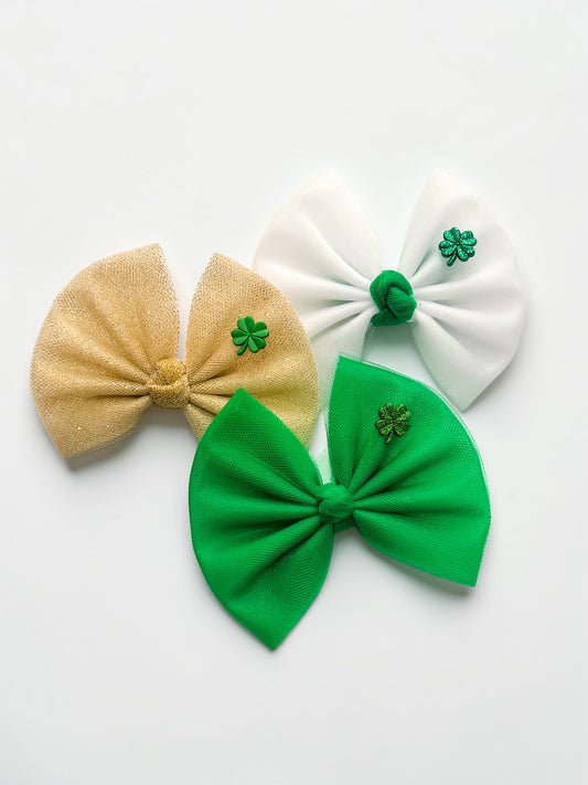 St. Patrick’s Day Hair Bow | Shamrock, Solid Green and Gold Options (6" Clips)