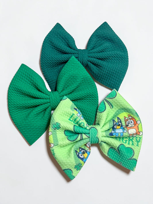 St. Patrick’s Day Hair Bow | Shamrock & Solid Green Options (5" Clips)